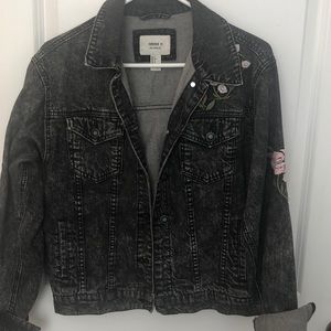 Black jean jacket with pink rose embroidery